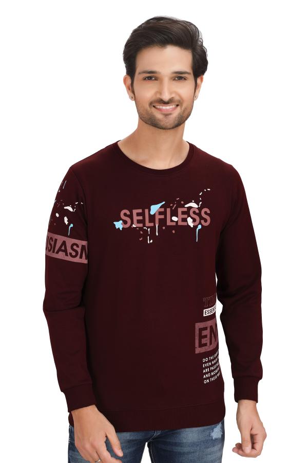 Dark Maroon Full Sleeves Printed Sweatshirt For Men