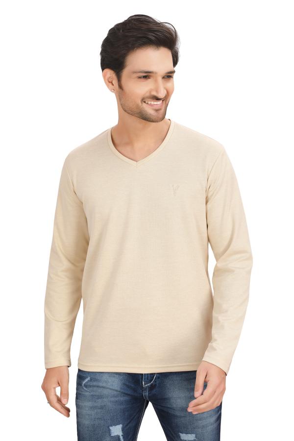Light Fawn V- Neck Full Sleeves  T-Shirt For Men