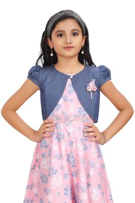 Pink Floral Print Frock With Shrug For Girls
