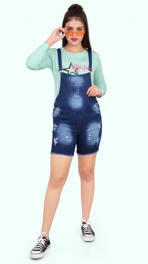 Women Navy Blue Denim Dungarees with Cotton Top