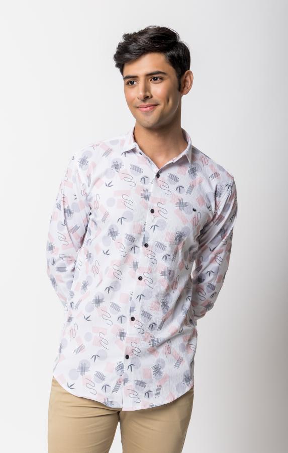 White & Peach Printed Casual & Party Wear Shirt For Men