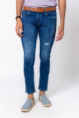 Blue Ripped Pattern Denim Jeans For Men