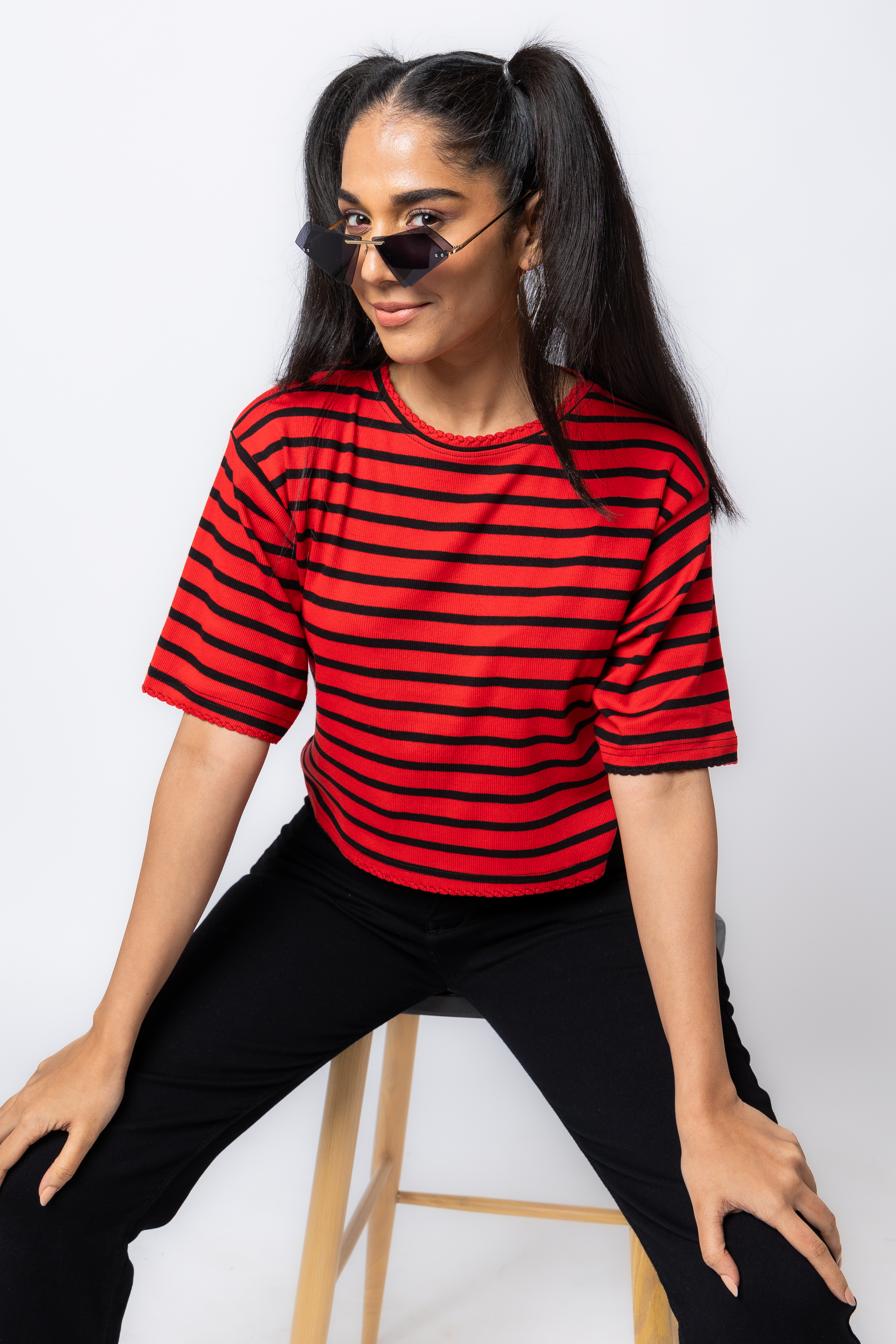 Red & Black Stripes Crop T-Shirt For Women