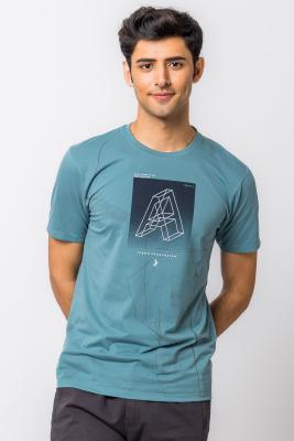 Dark Turquoise Printed Half Sleeves Round Neck T-Shirt For Men