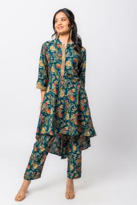 Green Multi Printed High Low Top & Pant Co-Ord Set For Women