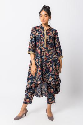 Navy Blue Multi Printed High Low Top & Pant Co-Ord Set For Women