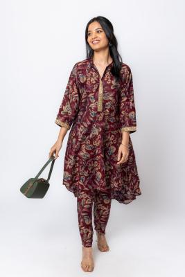 Maroon Multi Printed High Low Top & Pant Co-Ord Set For Women