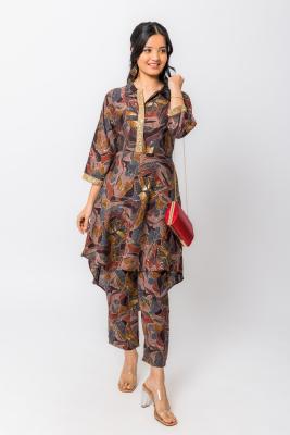 Wine Multi Printed High Low Top & Pant Co-Ord Set For Women