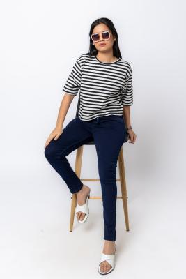 White & Black Stripes Crop  T-Shirt For Women