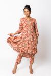 Peach Multi Printed High Low Top & Pant Co-Ord Set For Women 